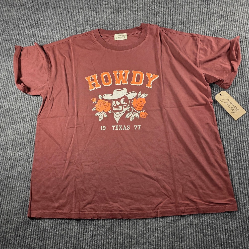 Refined Canvas Howdy Texas 77 Skull Rose Graphic Tee Rust Orange Medium NWT
